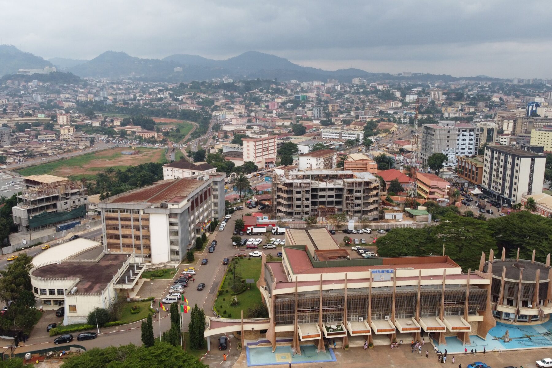 Aerial view of Yaounde with the city hall, Cameroon