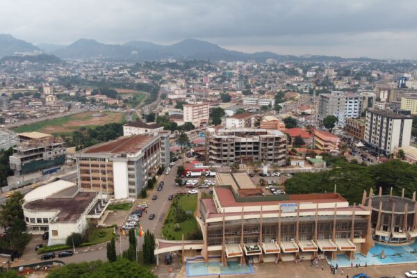 Aerial view of Yaounde with the city hall, Cameroon