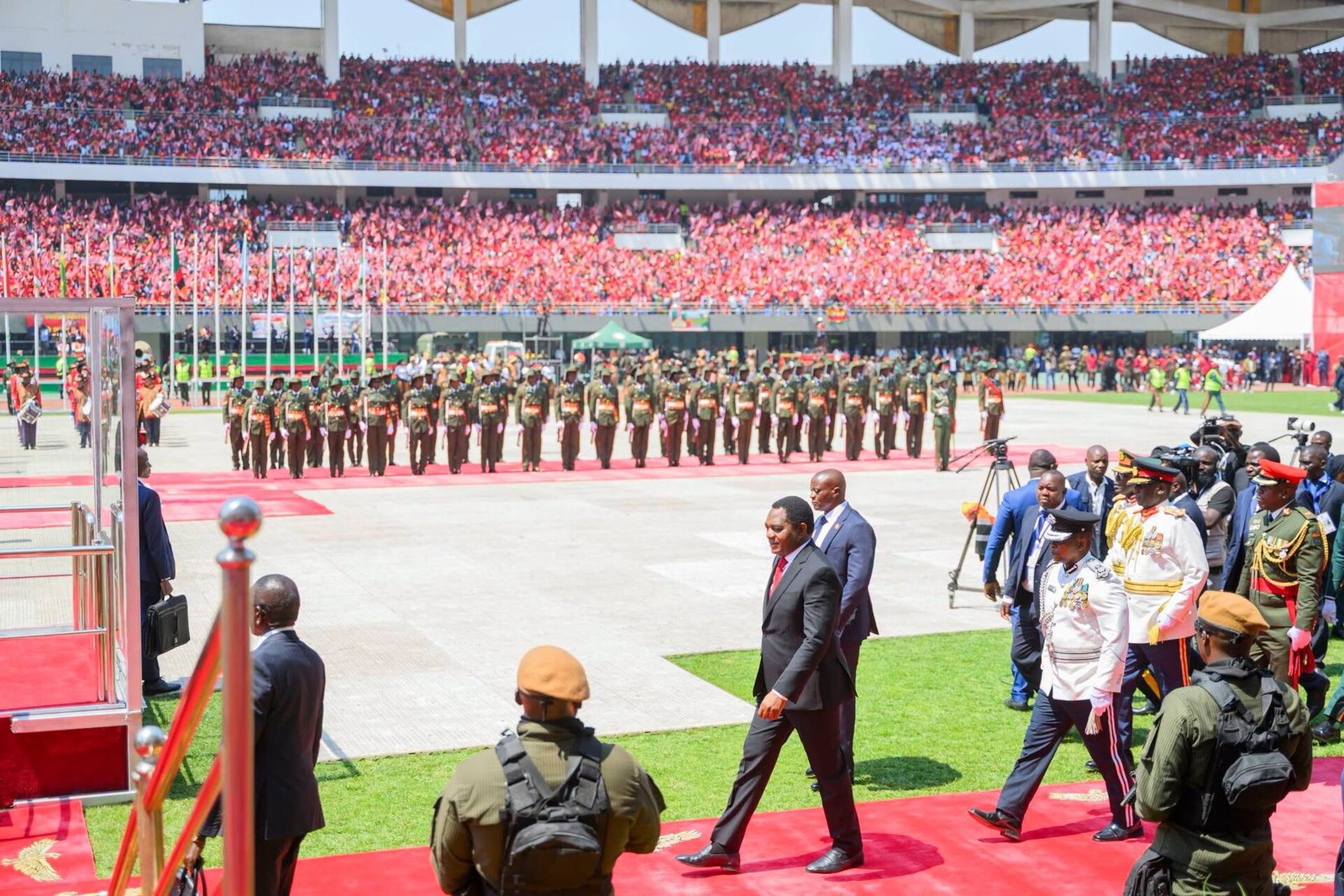 President Hakainde Hichilema walks past a guard of honour at his second inauguration in Lusaka on 1 September 2026
