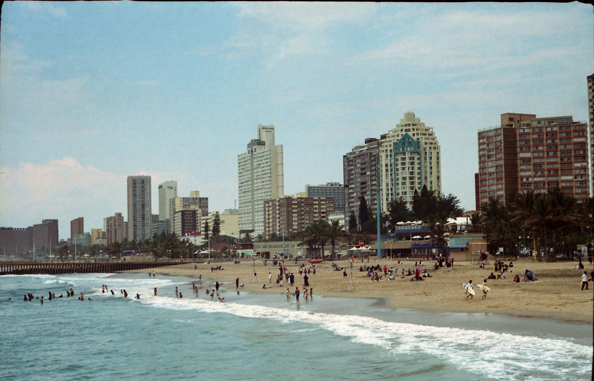 Beachgoers and high-rise buildings on Durban beach