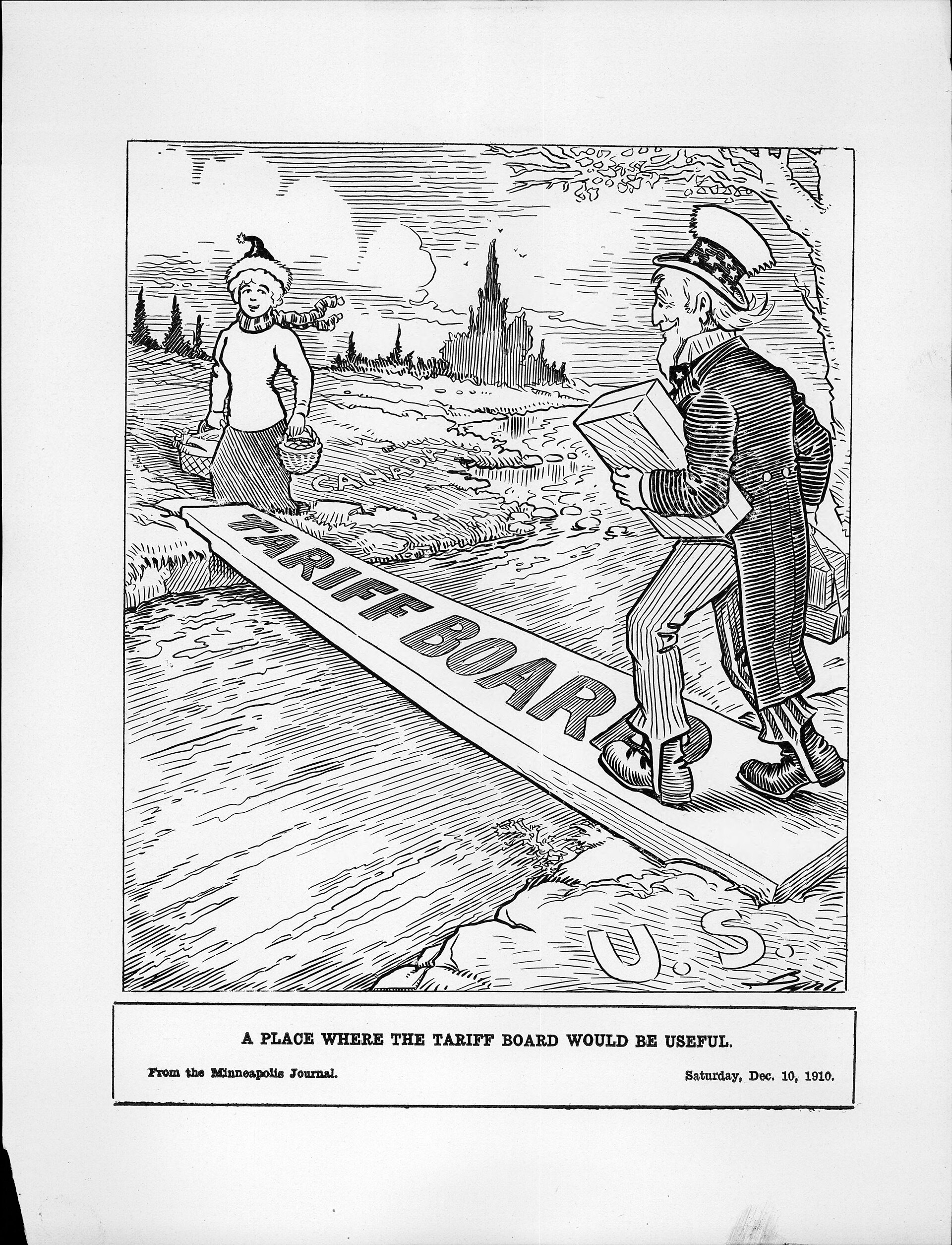 Archive newspaper cartoon showing a figure on a road marked tariff board in the US debate over tariffs