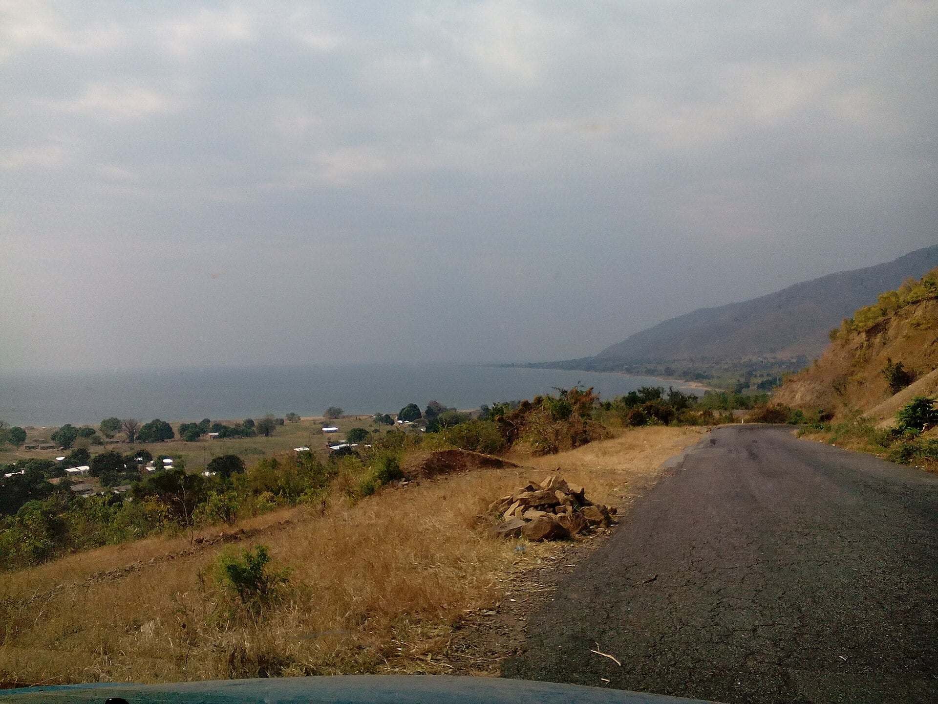 Road above Lake Malawi near Chiweta in Rumphi District, northern Malawi, with the lake and hills beyond