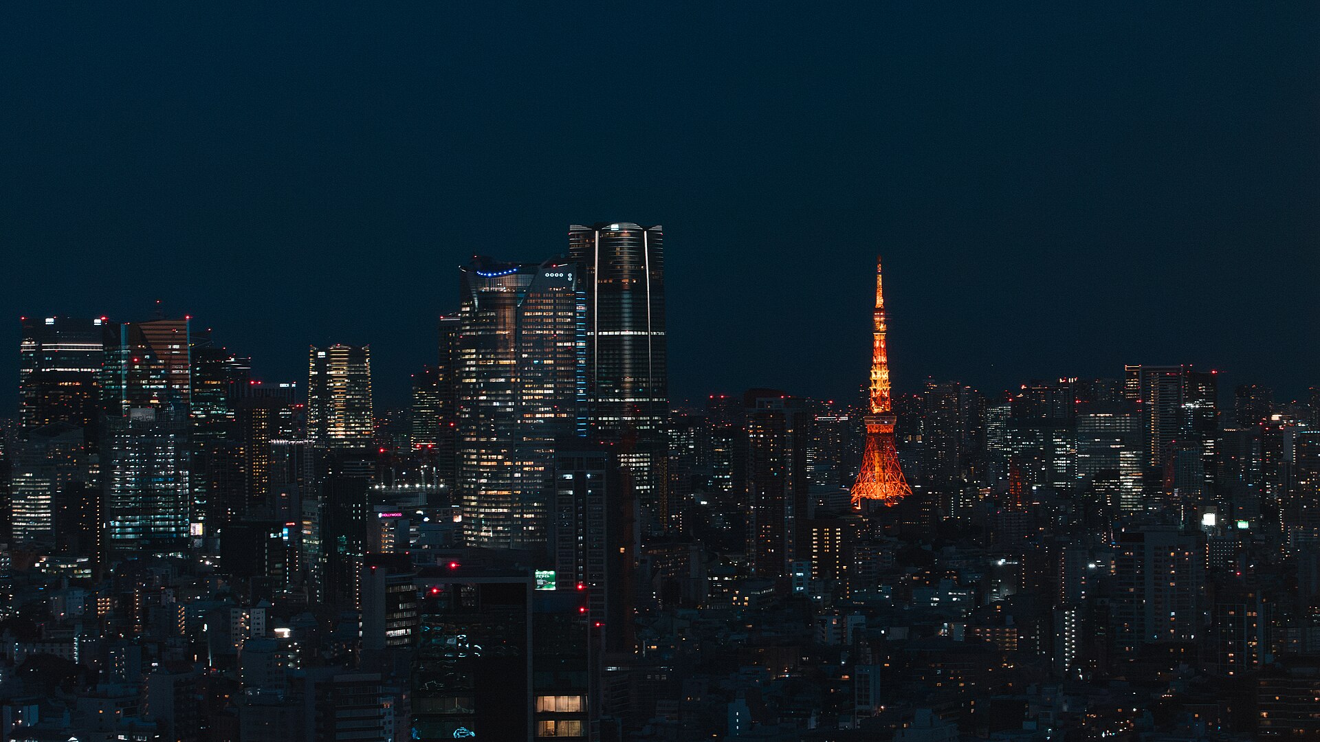 Tokyo skyline at night with the illuminated Tokyo Tower among office towers in Minato City.