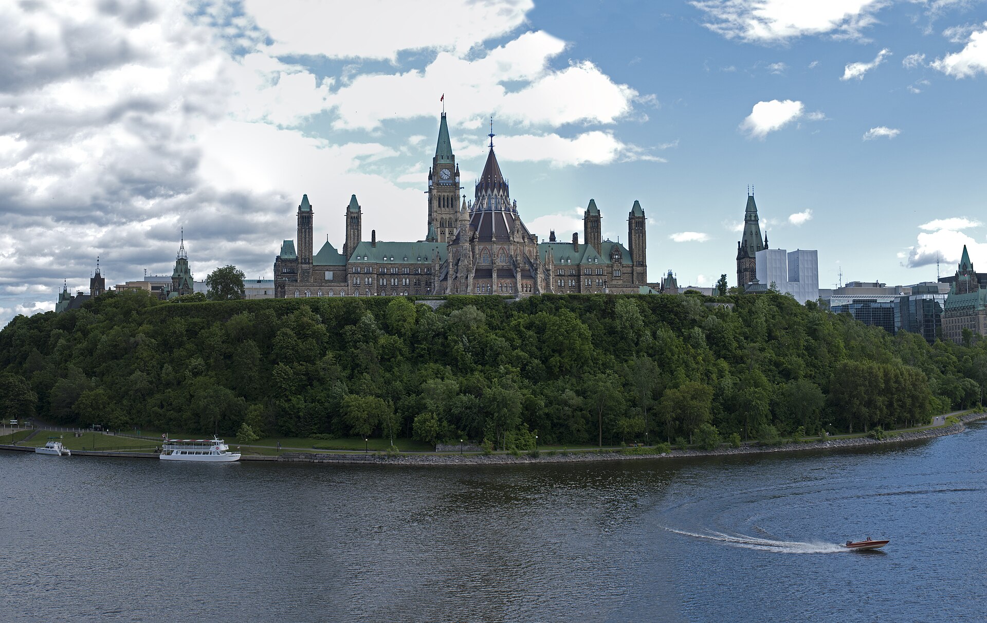 Parliament Hill in Ottawa above the Ottawa River, seen from the Alexandra Bridge