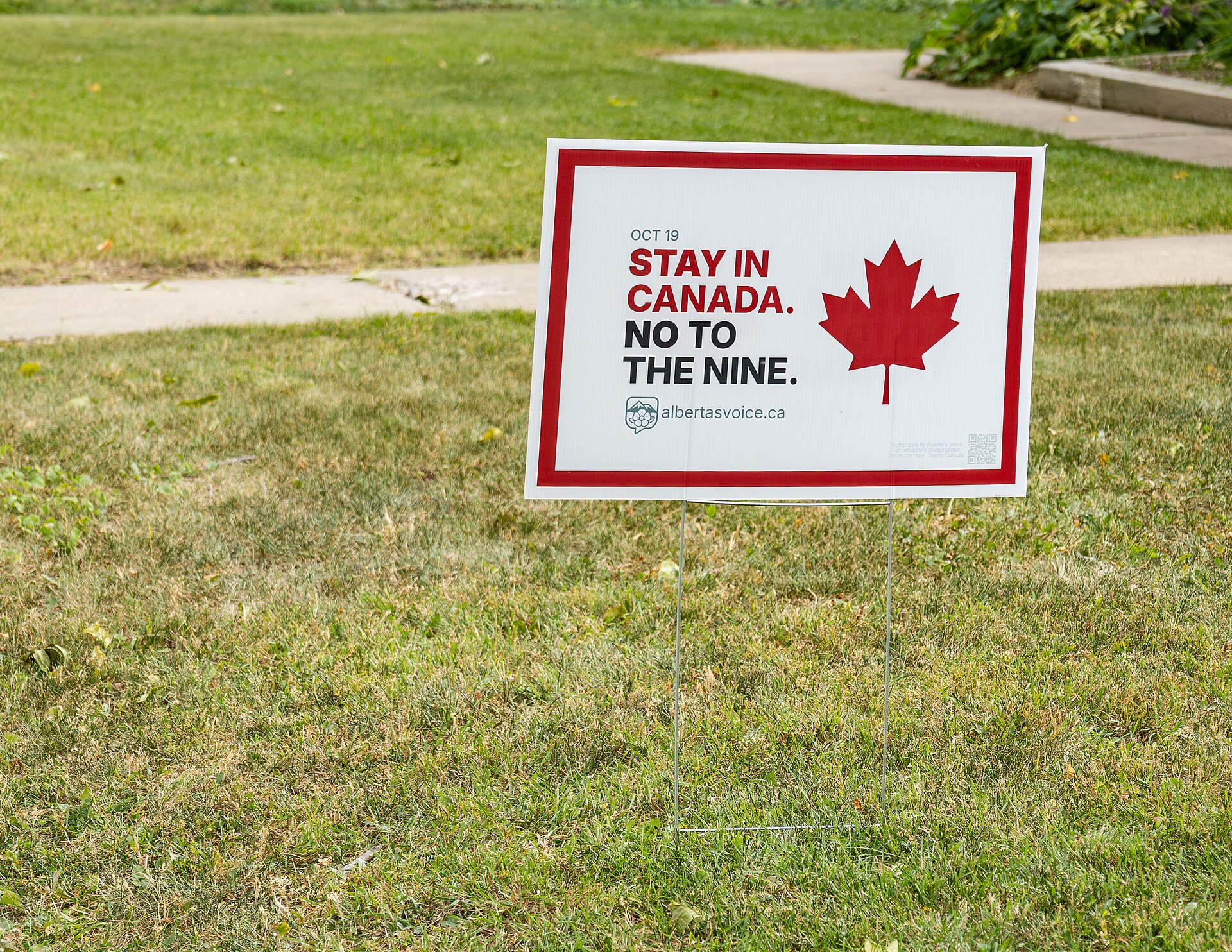 A lawn sign reading Stay in Canada, No to the Nine, placed ahead of the 2026 Alberta independence referendum in Edmonton.