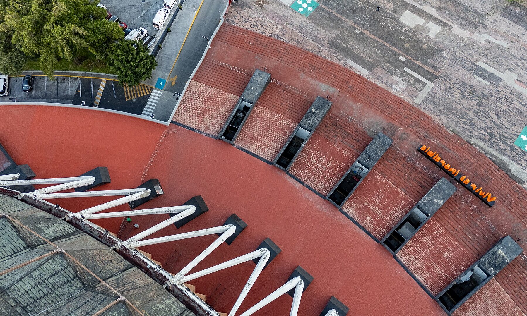 Aerial view of the Palacio de los Deportes roof and plaza in Mexico City