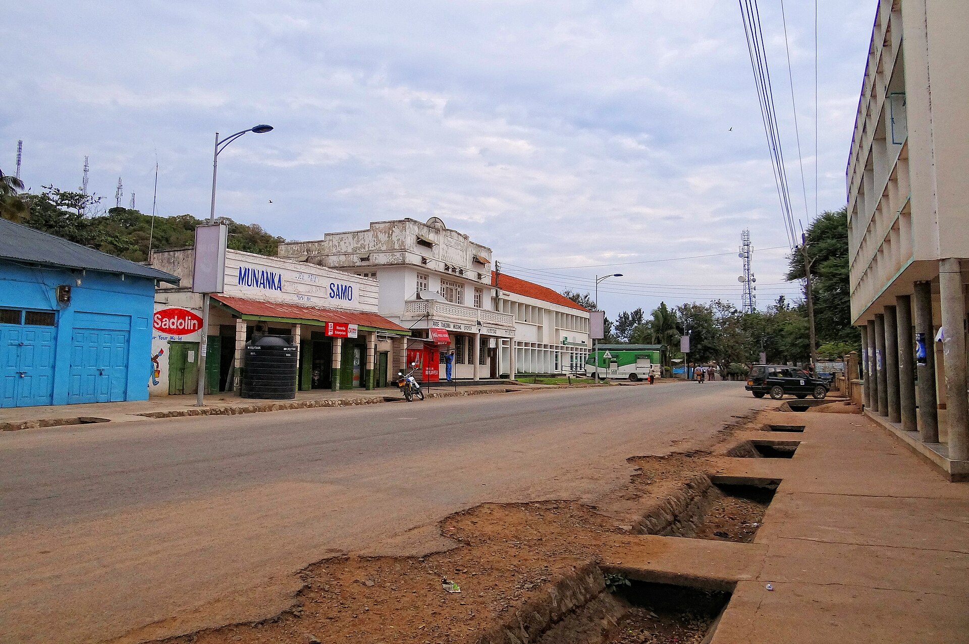 A quiet paved street lined with low-rise shops and older buildings in Musoma, Tanzania, under a cloudy sky