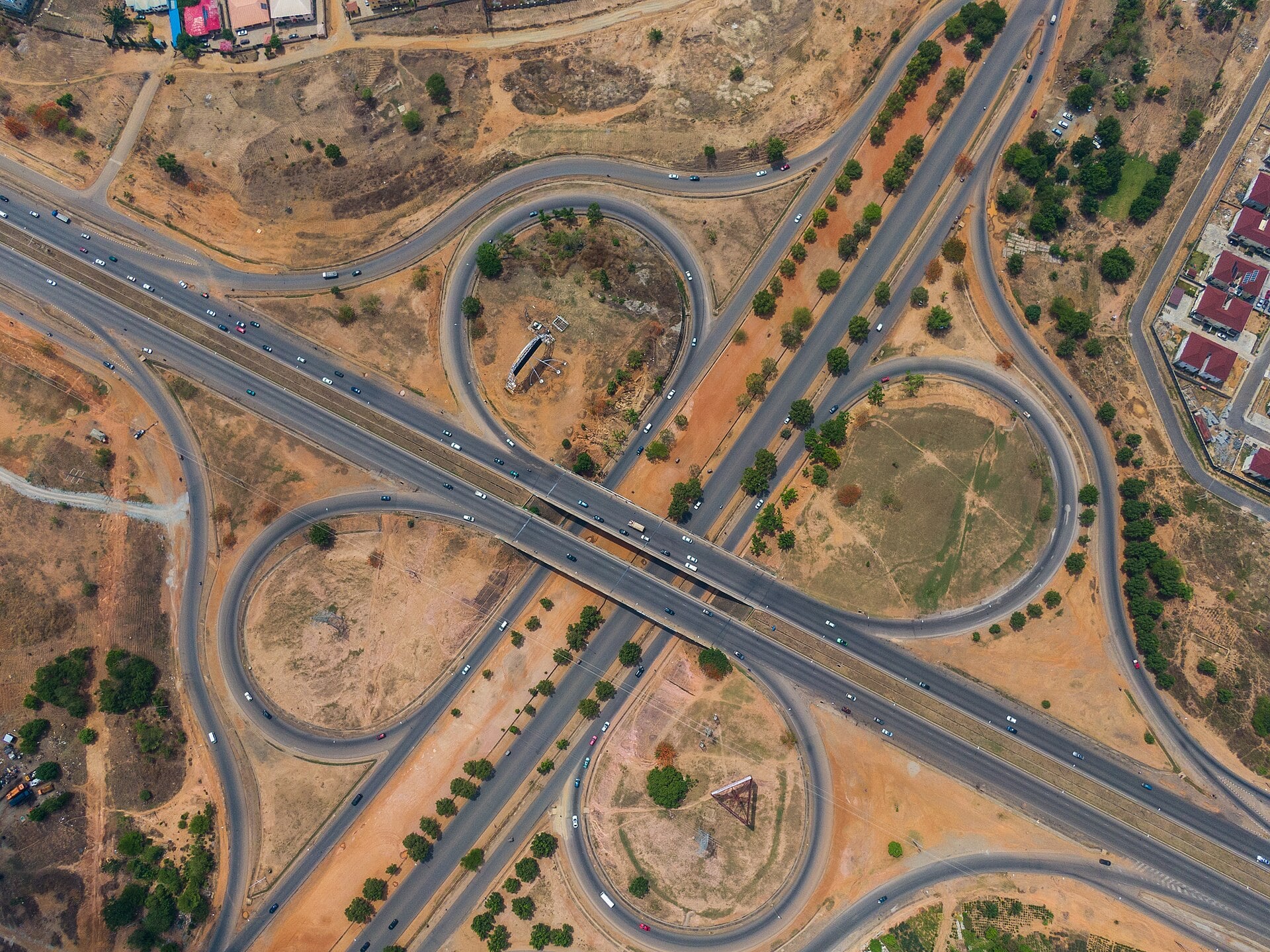 Aerial view of the Dantata Bridge interchange on Airport Road in Abuja, Nigeria