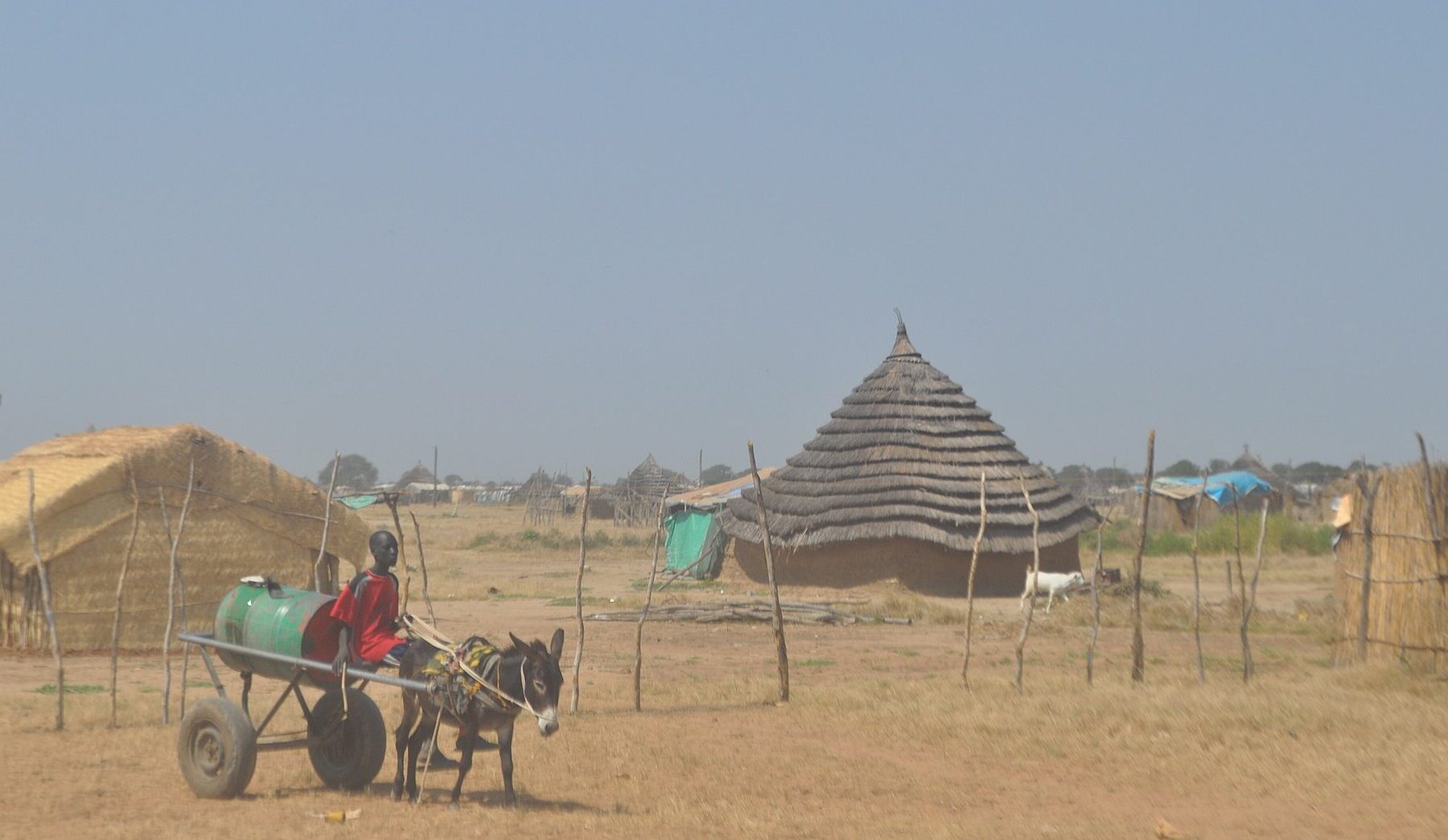 Thatched huts and a boy driving a donkey cart with a water drum in Abyei Town, photographed in 2009