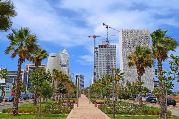 Palm-lined walkway leading to modern office towers in Casablanca, including a white tower with a patterned facade and a glass tower, with cranes behind