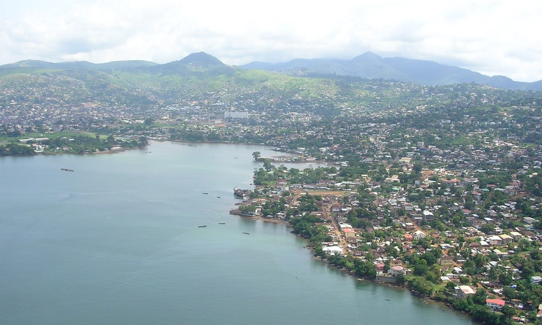 Aerial view of Freetown, Sierra Leone, with the harbour and surrounding hills