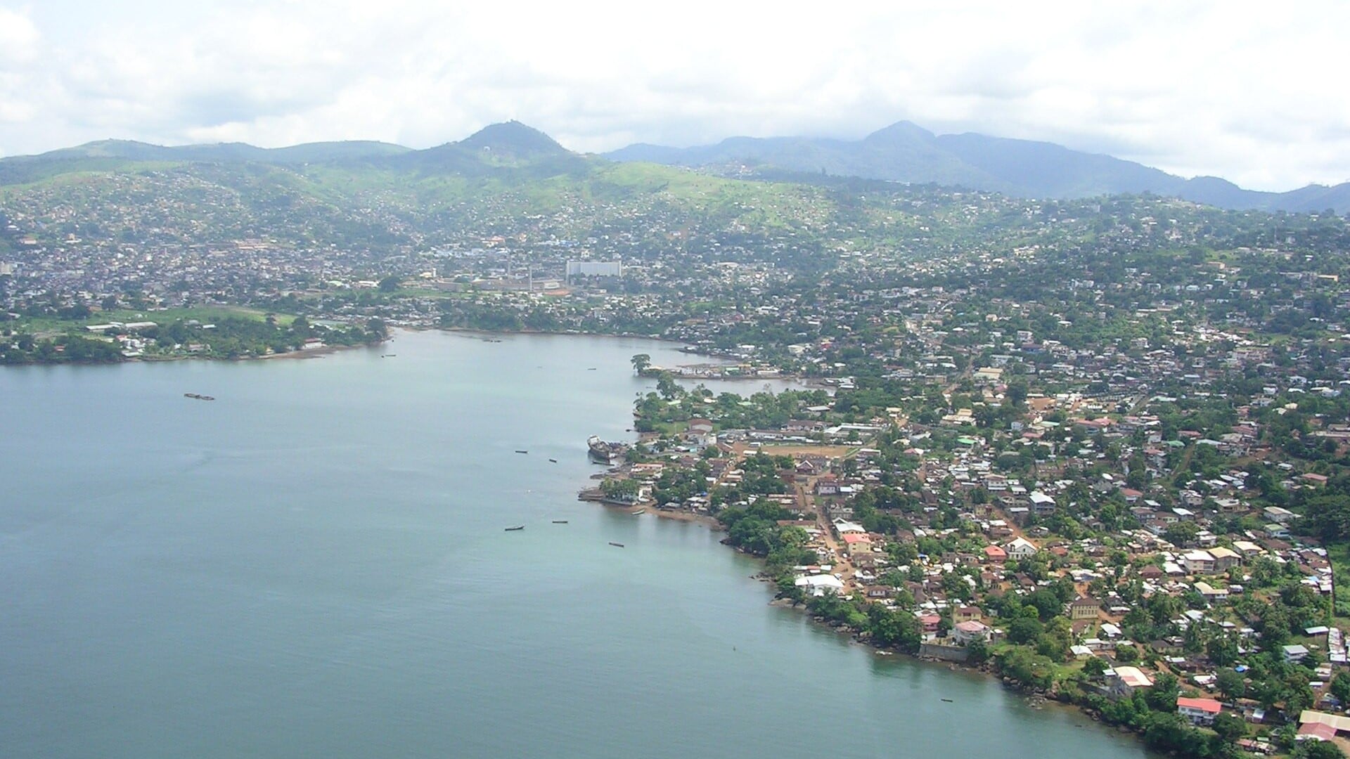 Aerial view of Freetown, Sierra Leone, with the harbour and surrounding hills