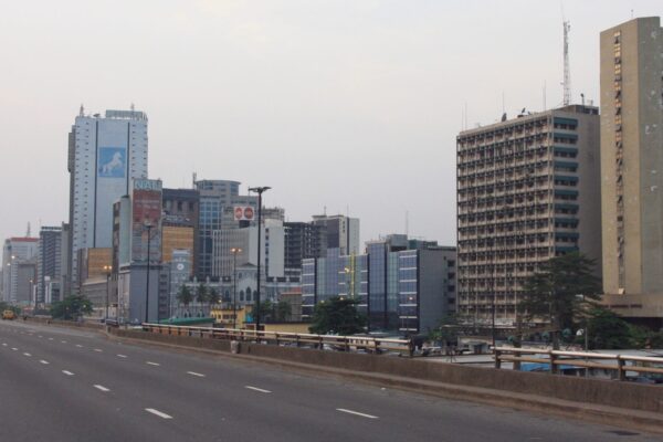Office towers and an empty road in central Lagos, Nigeria's commercial capital