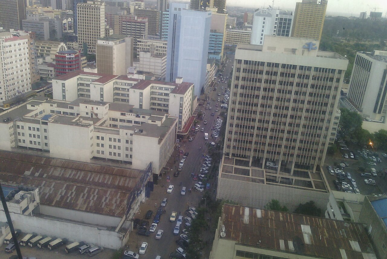 Aerial view of a busy street lined with office buildings in central Nairobi, Kenya