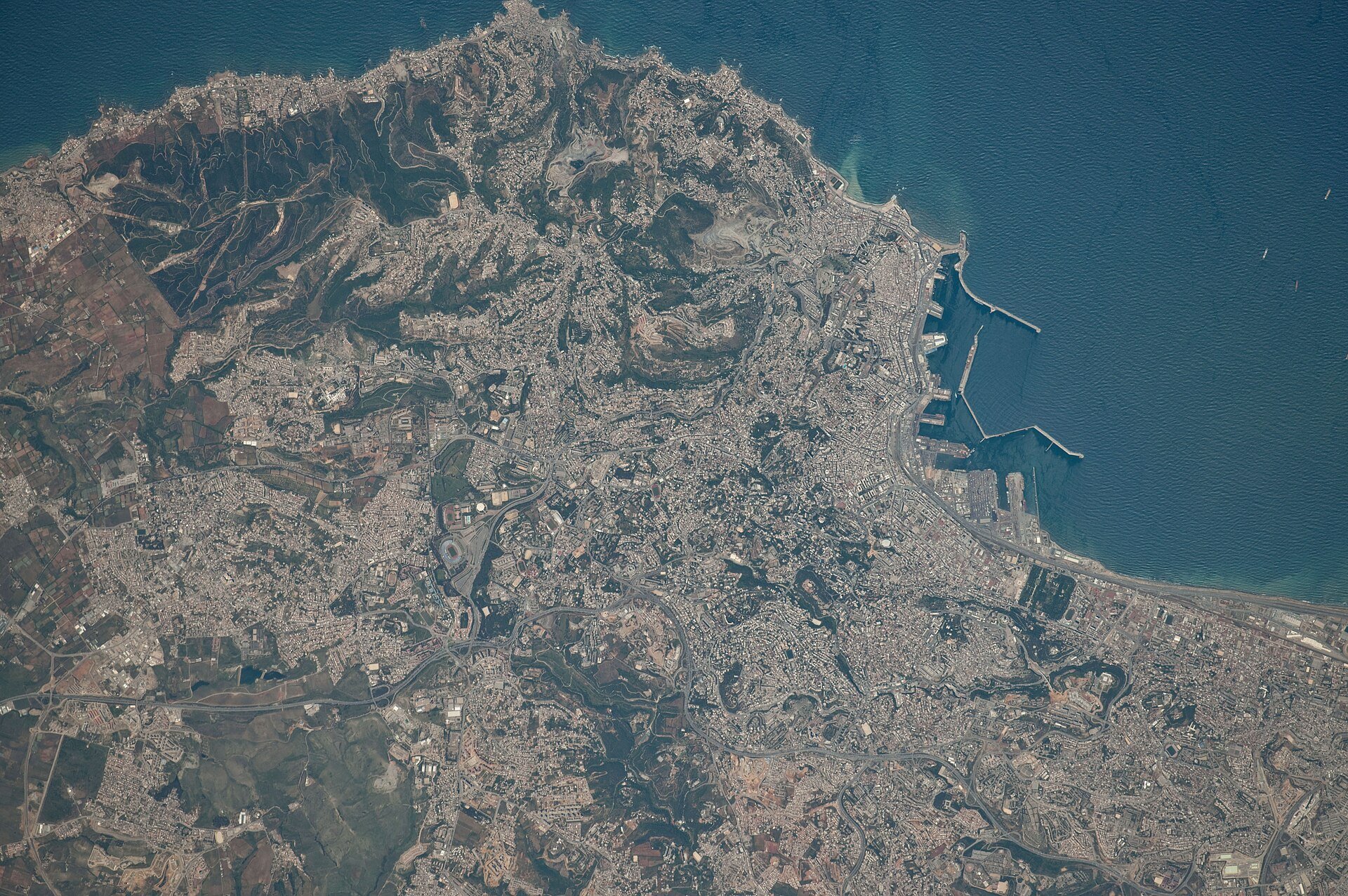 Algiers and its harbour on the Mediterranean coast seen from the International Space Station
