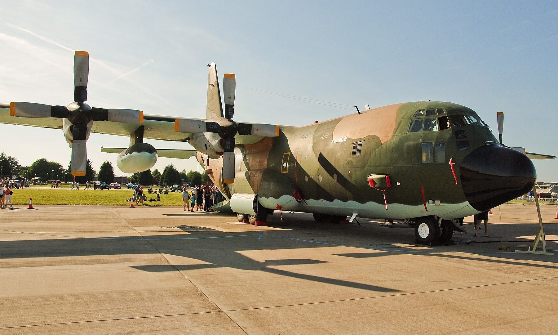 An Algerian Air Force Lockheed C-130H Hercules transport with olive and tan camouflage parked on an apron at an air show