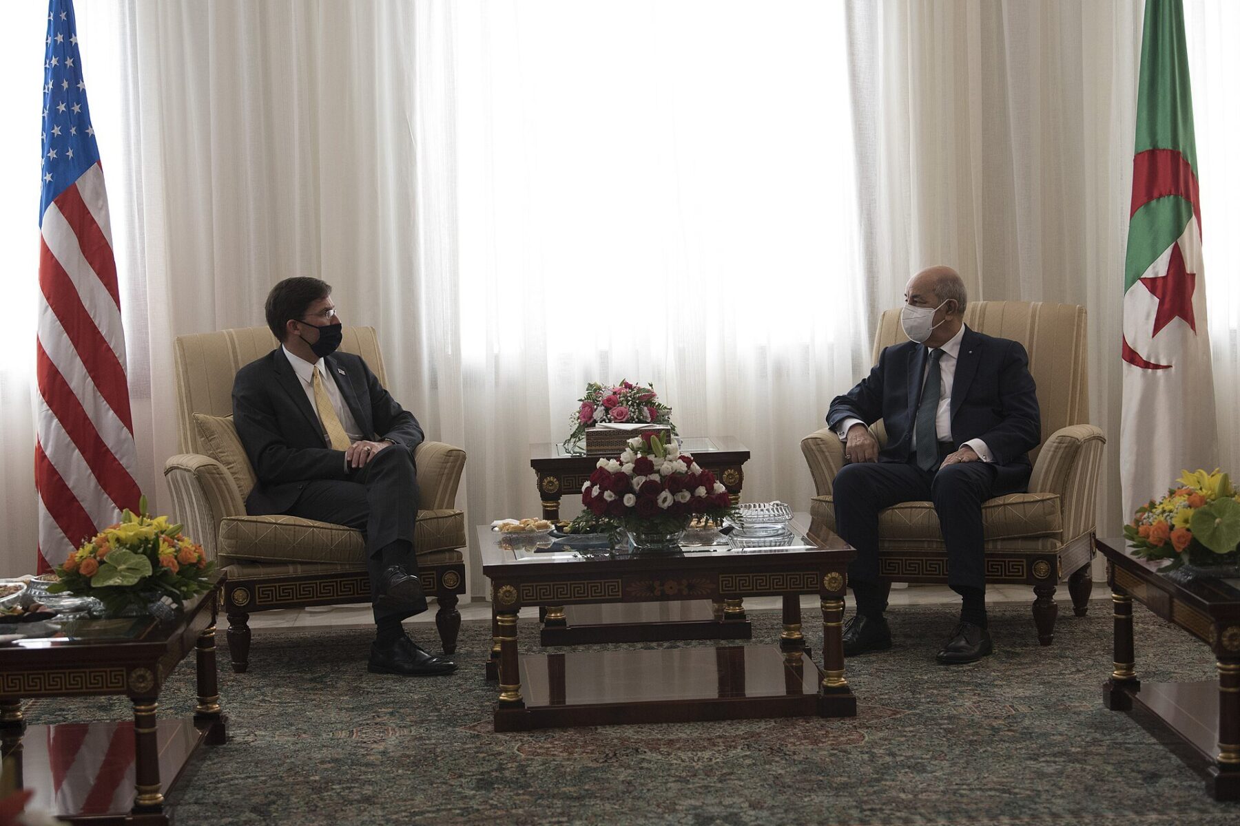 US Defense Secretary Mark Esper and Algerian President Abdelmadjid Tebboune seated in armchairs at the presidential palace in Algiers in 2020