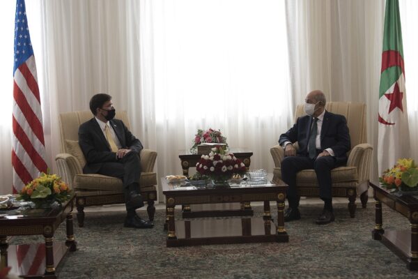 US Defense Secretary Mark Esper and Algerian President Abdelmadjid Tebboune seated in armchairs at the presidential palace in Algiers in 2020