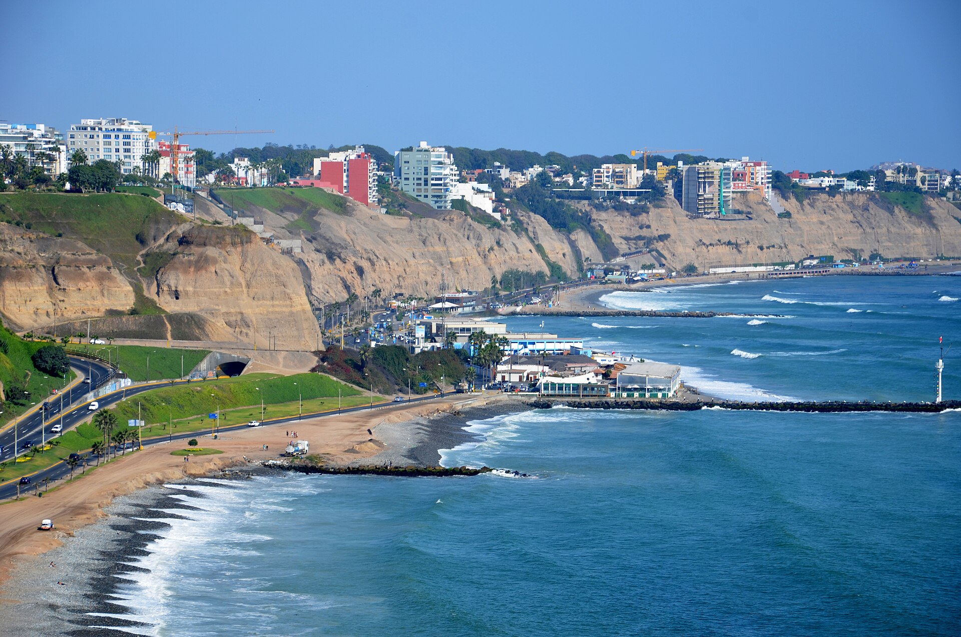 Cliffs and coastline of the Barranco district in Lima, Peru