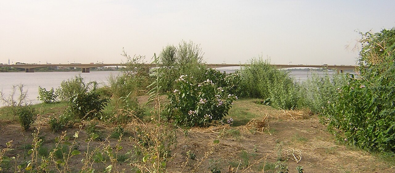 A road bridge across the Nile at Khartoum beyond green riverbank vegetation
