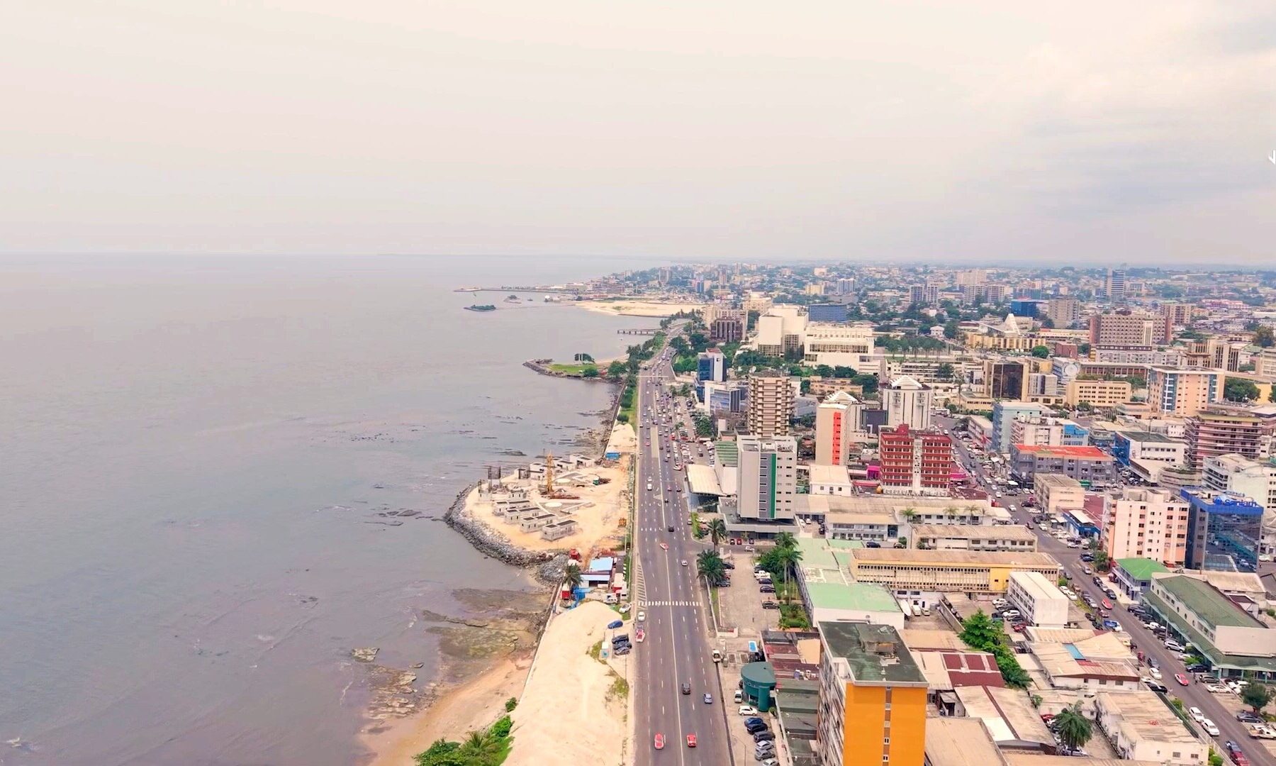 Aerial view of the Libreville seafront and coast road in Gabon