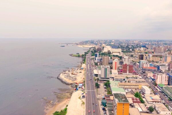 Aerial view of the Libreville seafront and coast road in Gabon