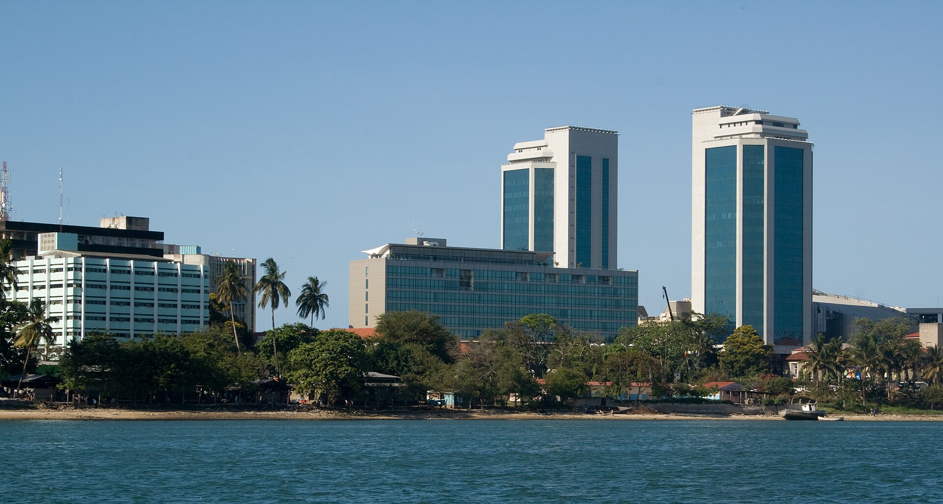 The twin towers of the Bank of Tanzania headquarters seen across the water in Dar es Salaam