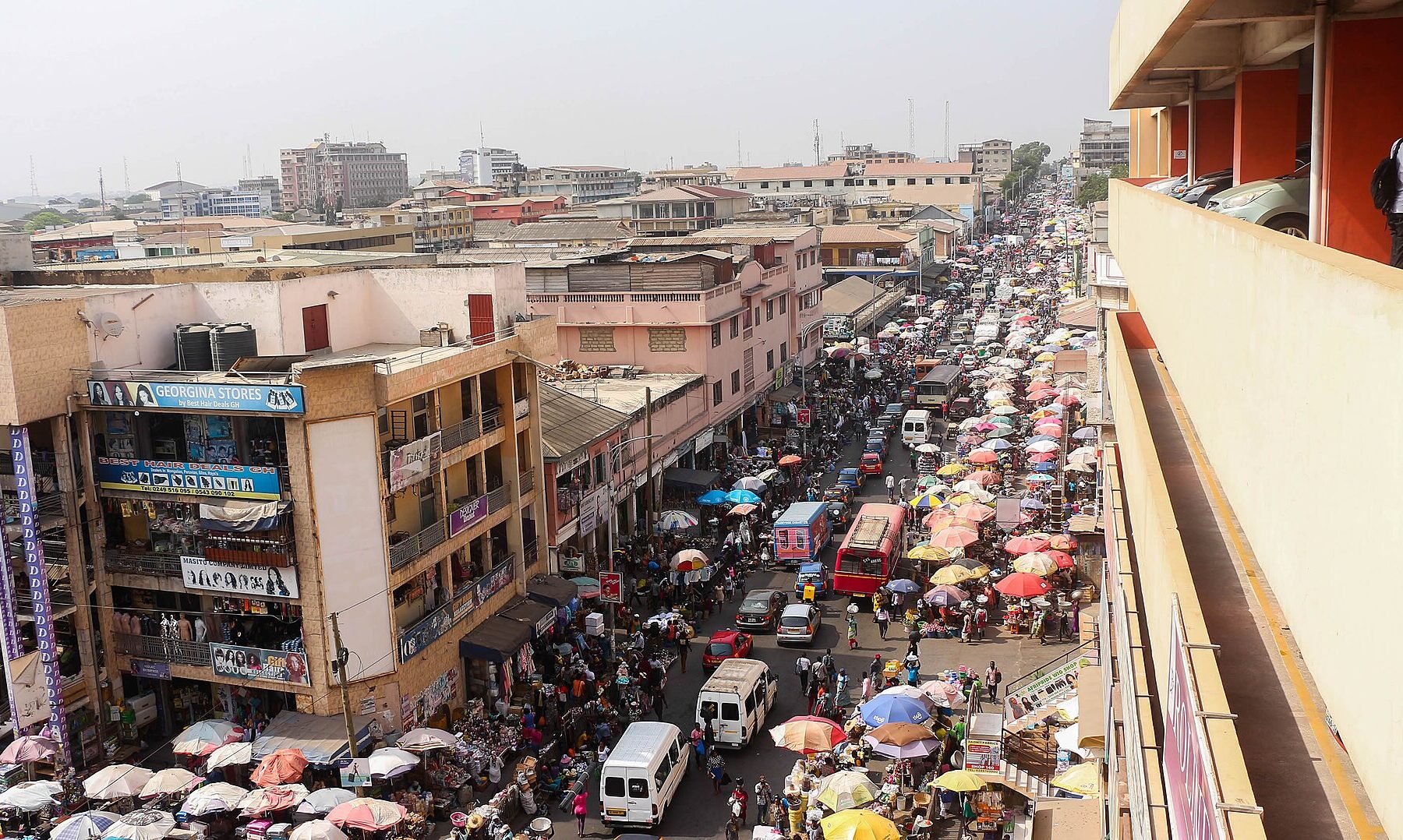 Aerial view of a busy street in central Accra, Ghana