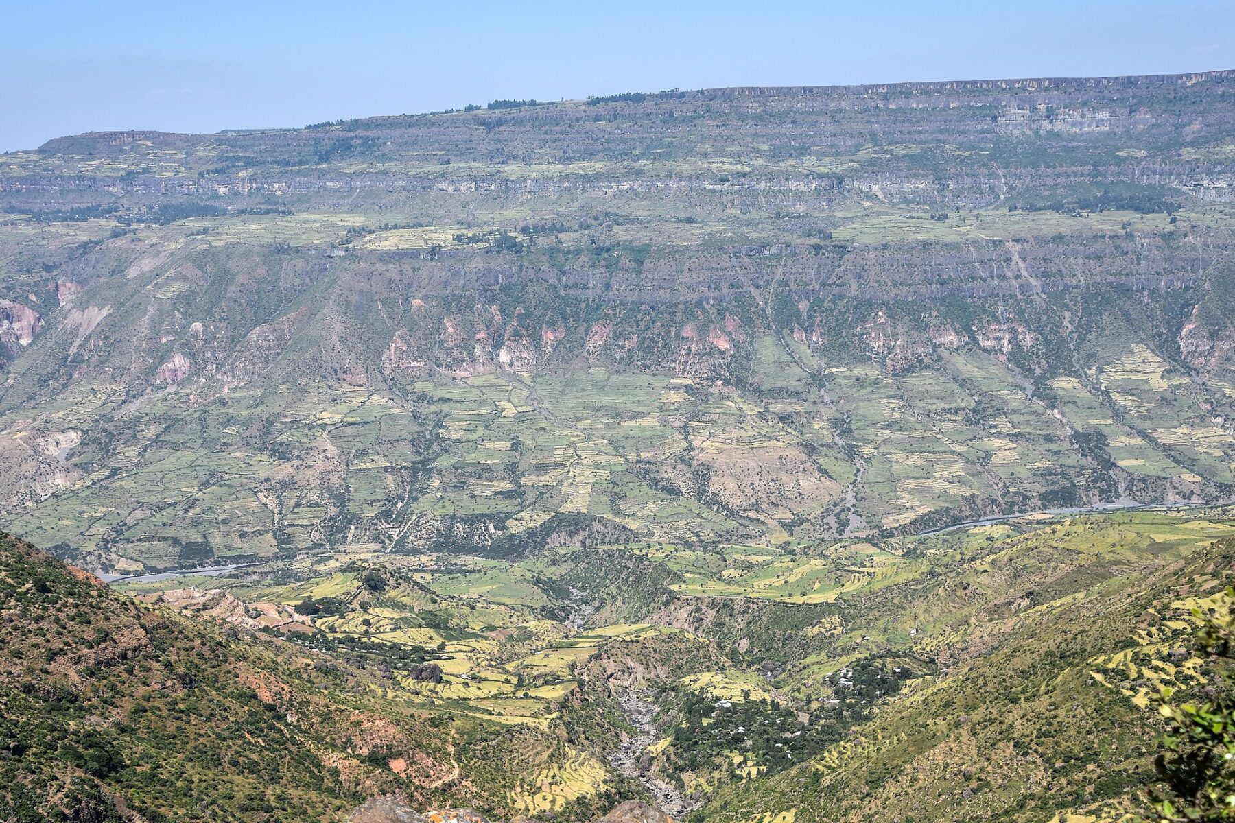 Wide view of the terraced slopes and cliffs of the Blue Nile Gorge in Ethiopia under a clear sky
