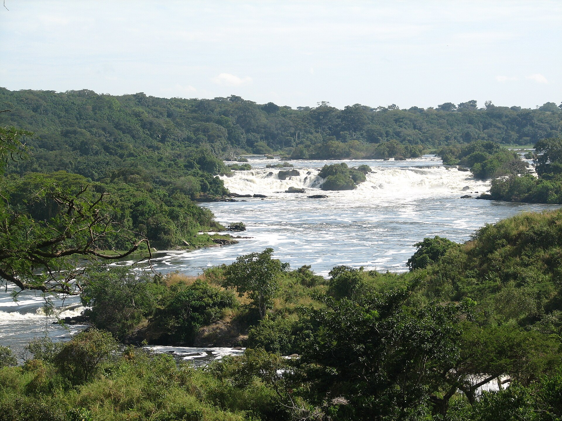 Wide view of the Nile rapids at Karuma Falls seen through green bushes and trees