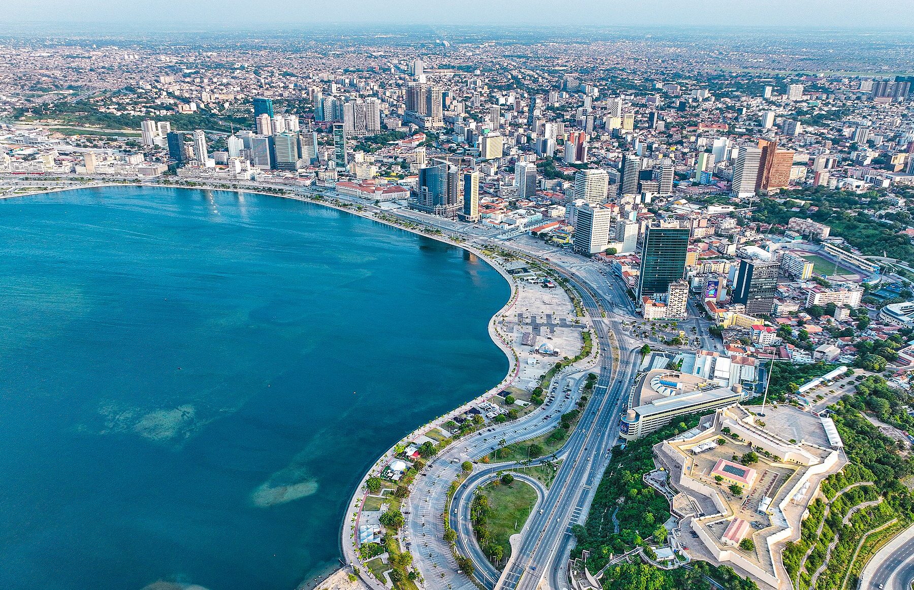 Aerial view of the Marginal waterfront and city skyline of Luanda, the capital of Angola