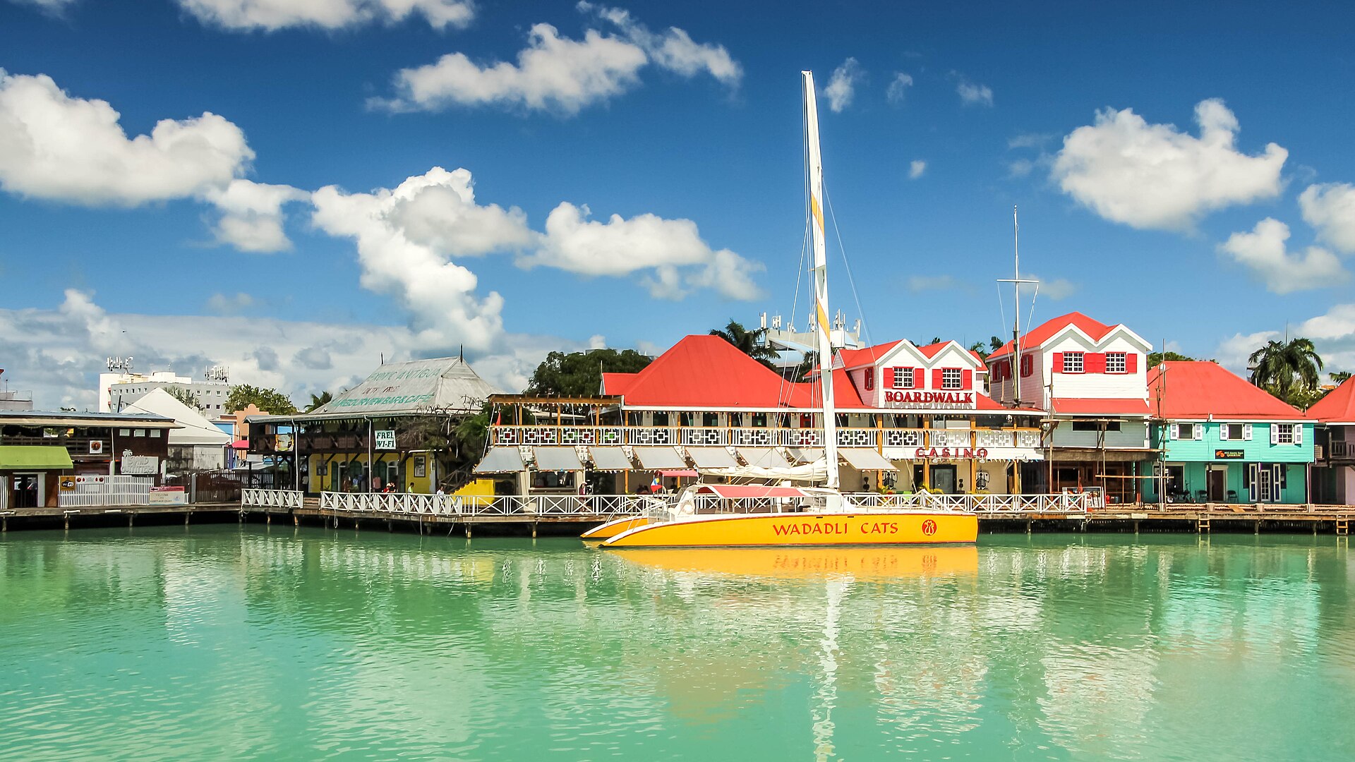 St John's waterfront with catamaran, Antigua