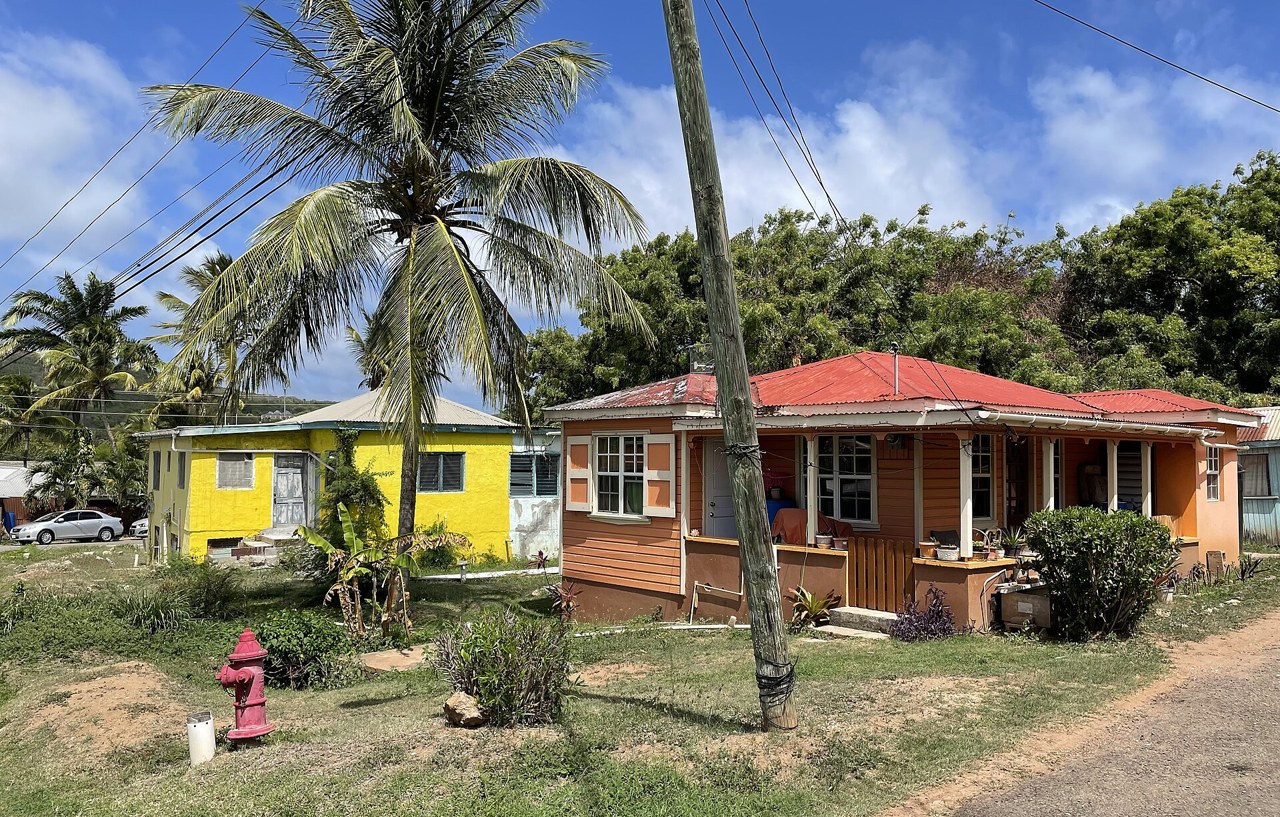 Yellow and orange wooden houses with red roofs and a coconut palm near English Harbour, Antigua.