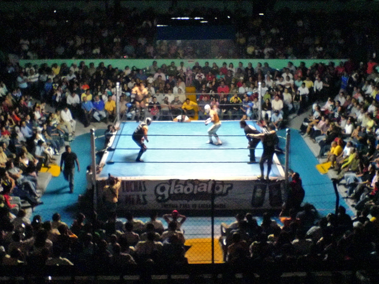 Wrestlers in a ring during a lucha libre show before a crowd