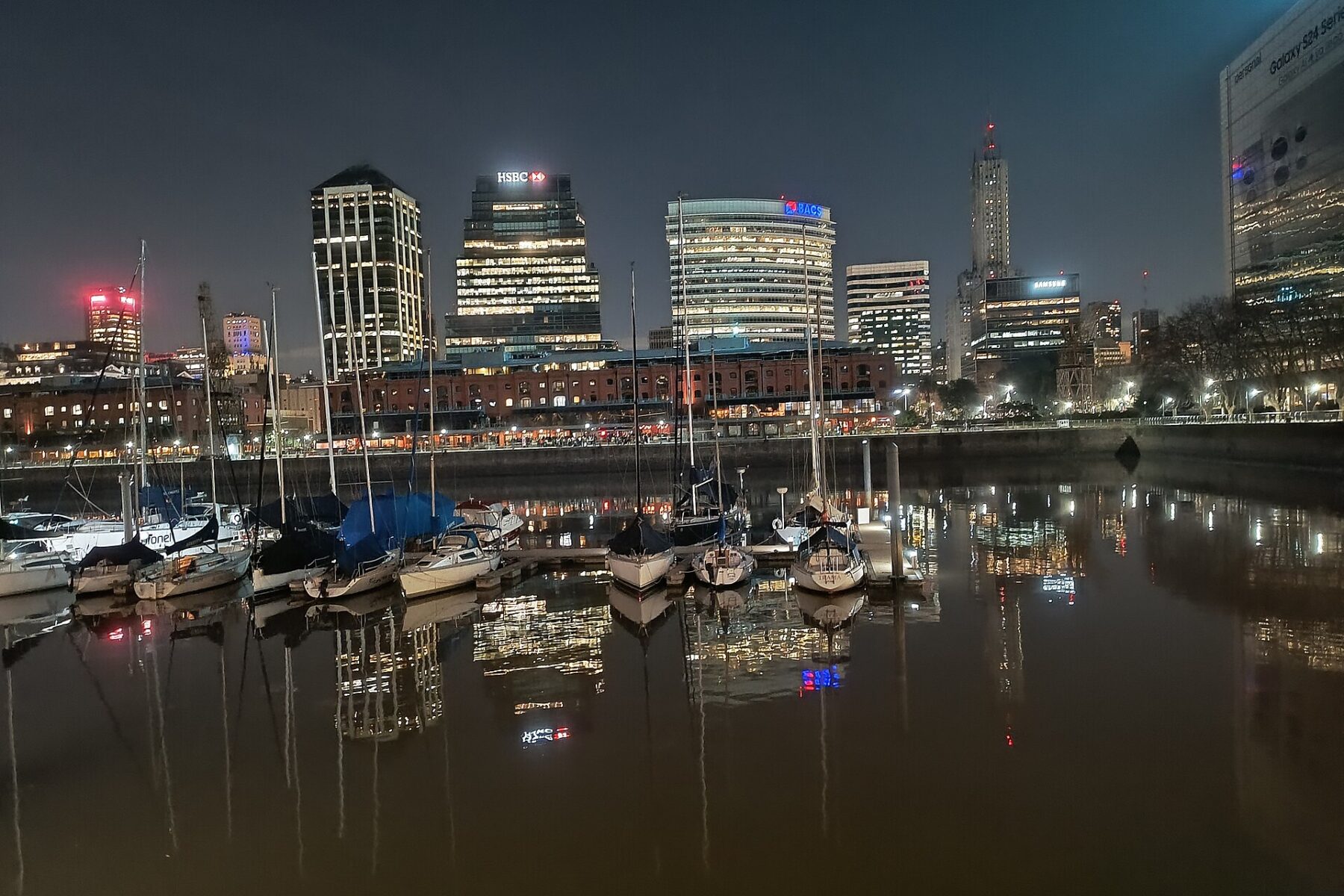 Skyscrapers and moored yachts at Puerto Madero in Buenos Aires, Argentina, at night
