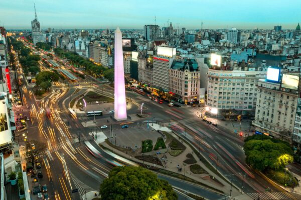 Evening view of the Obelisco and Avenida 9 de Julio in central Buenos Aires, Argentina