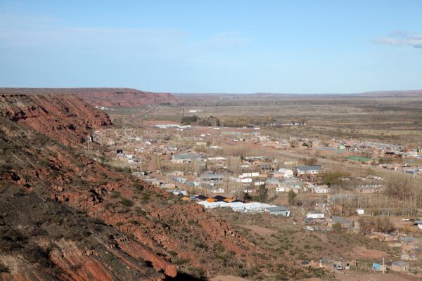 Aerial view of the town of Añelo, Neuquén Province, Argentina, at the heart of the Vaca Muerta shale region