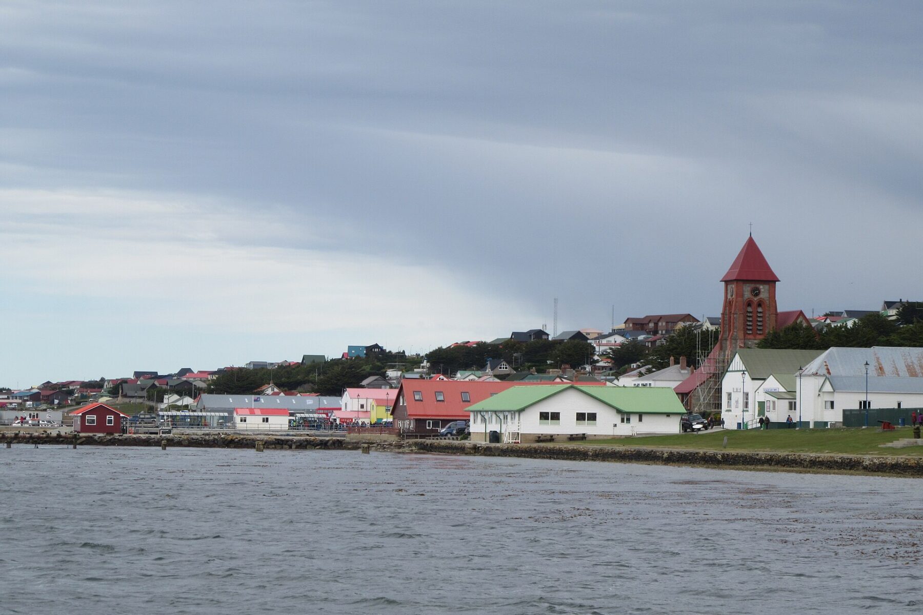 Stanley waterfront and Christ Church Cathedral, Falkland Islands