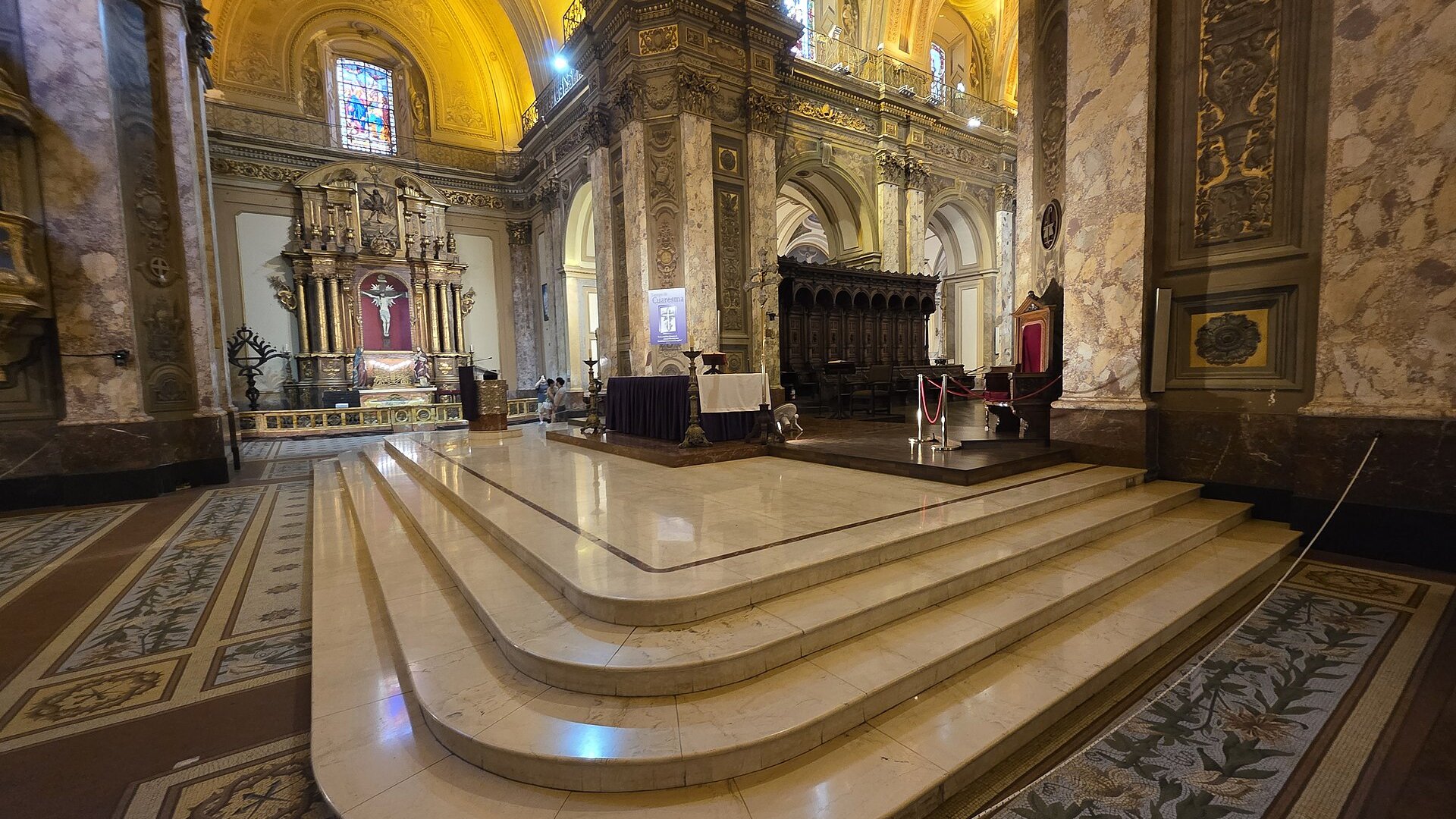 Marble steps and gilded altar area inside the Metropolitan Cathedral of Buenos Aires on Plaza de Mayo