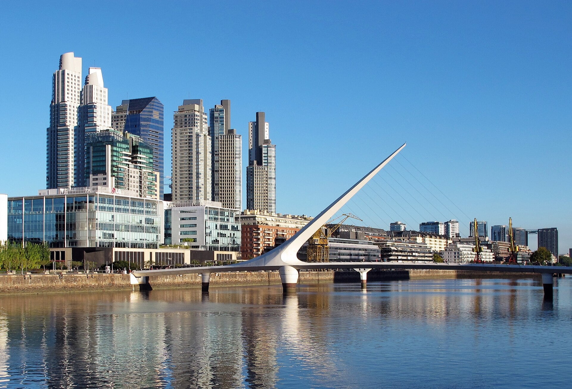 Waterfront towers and the Woman’s Bridge at Puerto Madero in Buenos Aires, Argentina