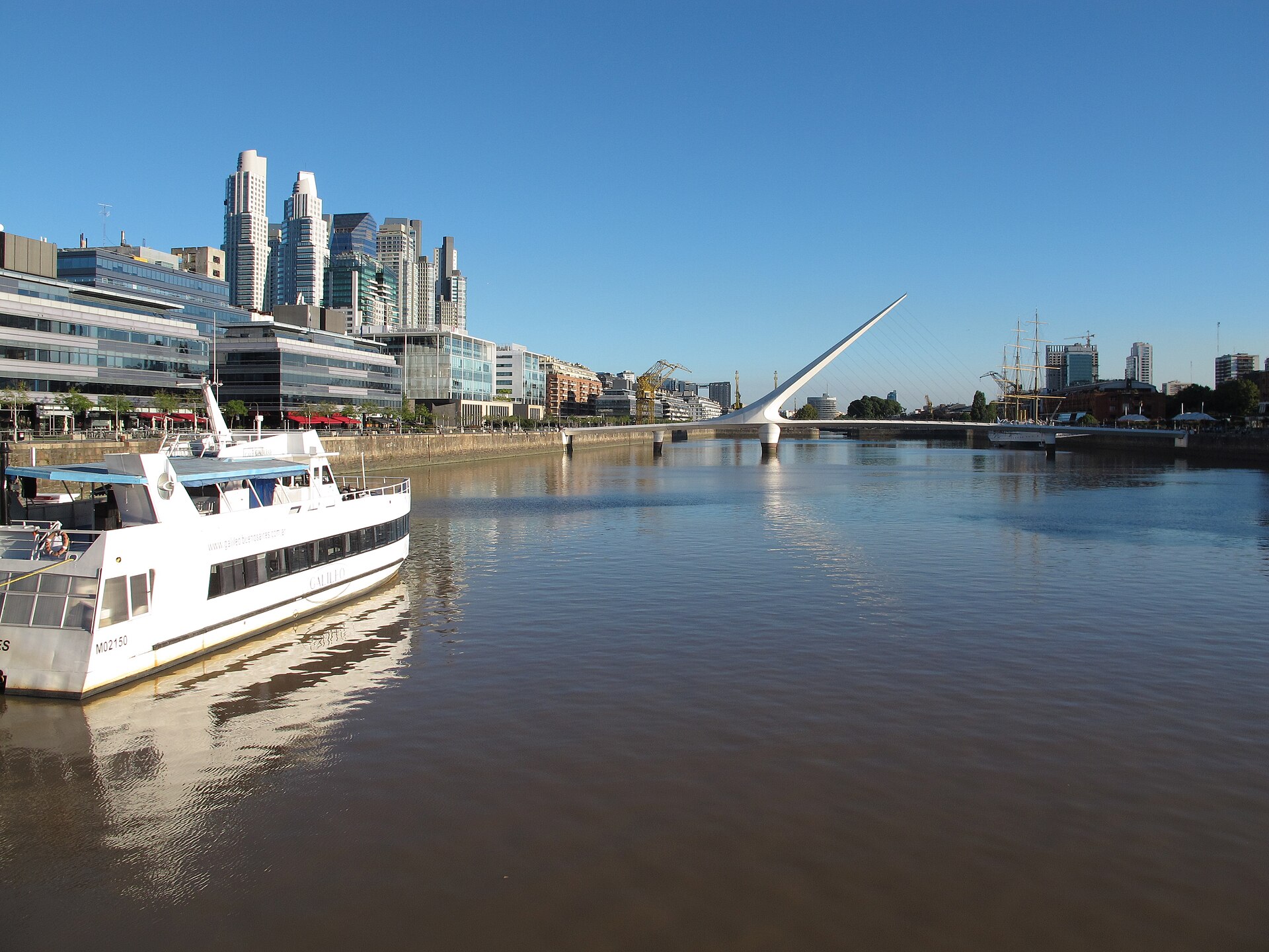 Waterfront towers and the Woman’s Bridge at Puerto Madero in Buenos Aires, Argentina