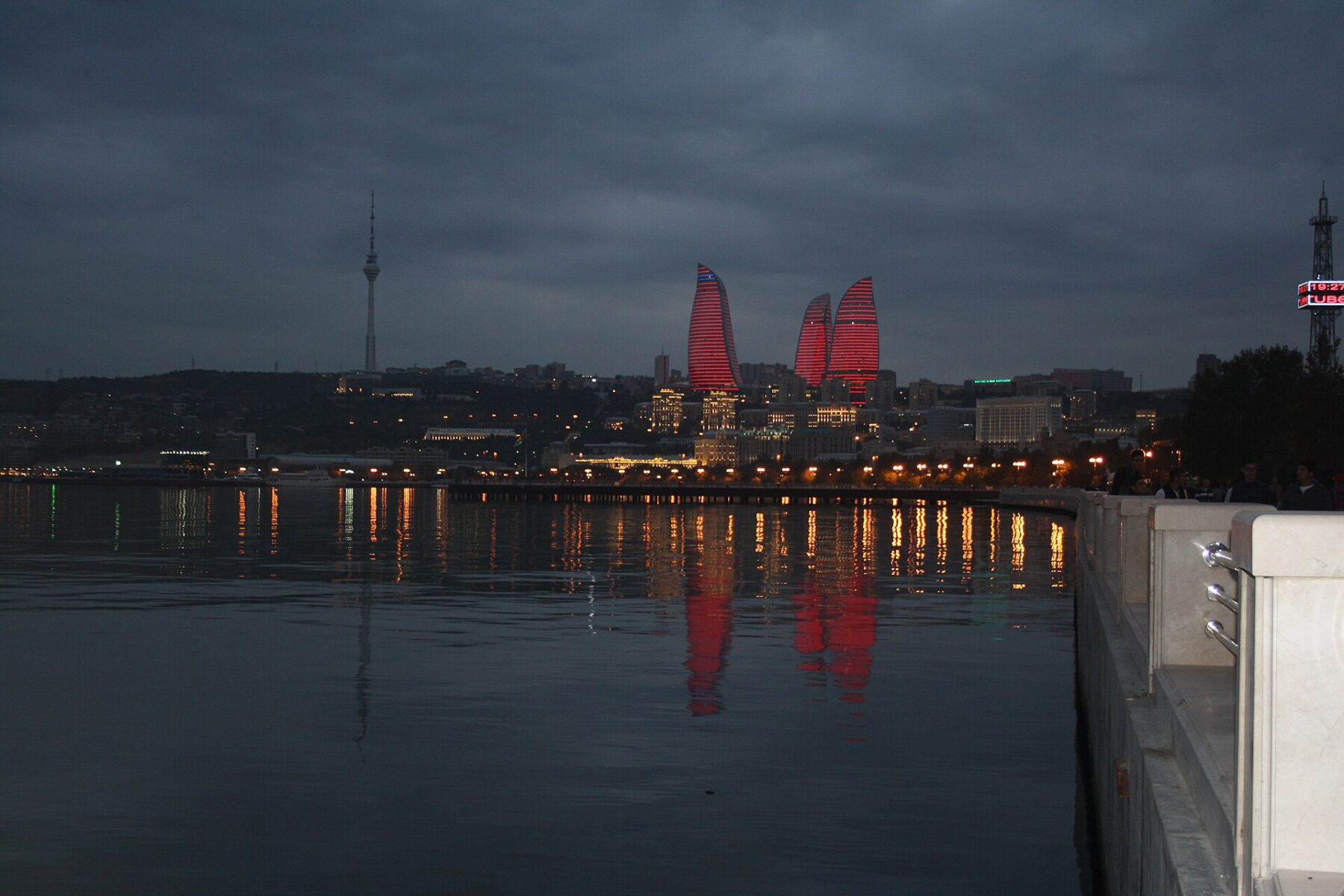 The Flame Towers and the Baku skyline at dusk