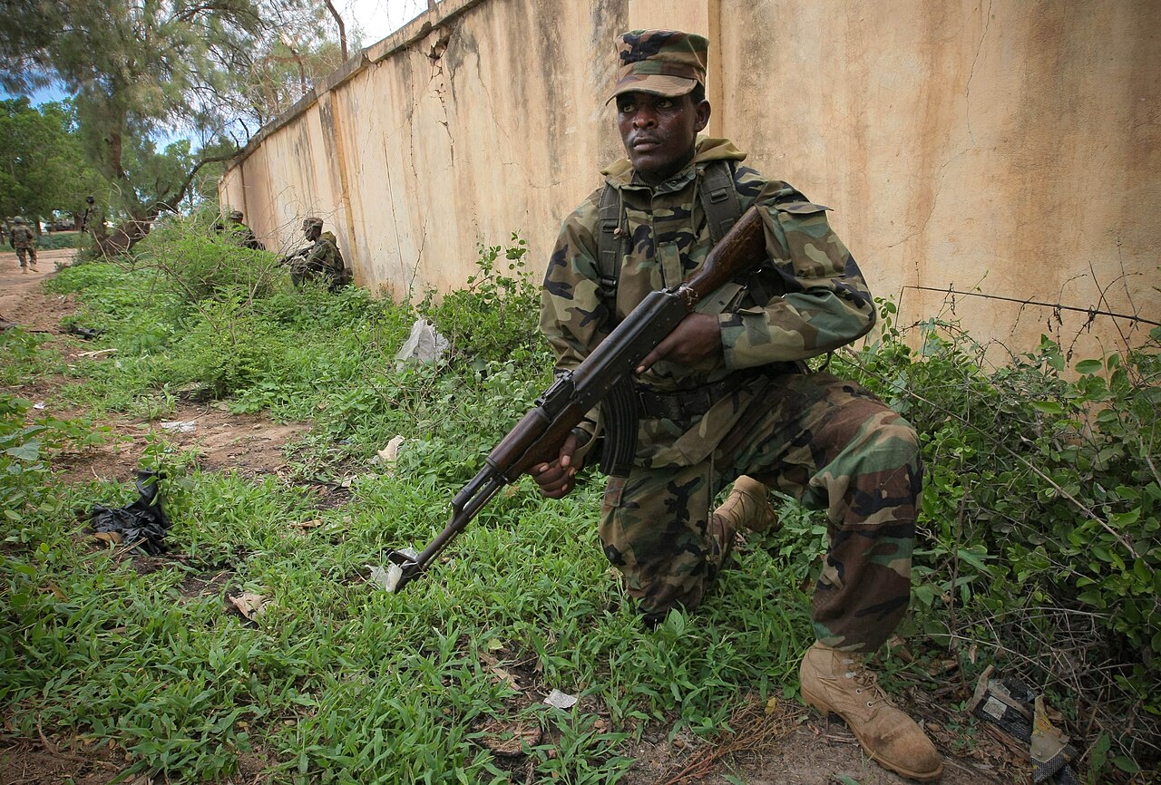 A Somali soldier in camouflage kneels with an AK-style rifle beside a wall and green undergrowth