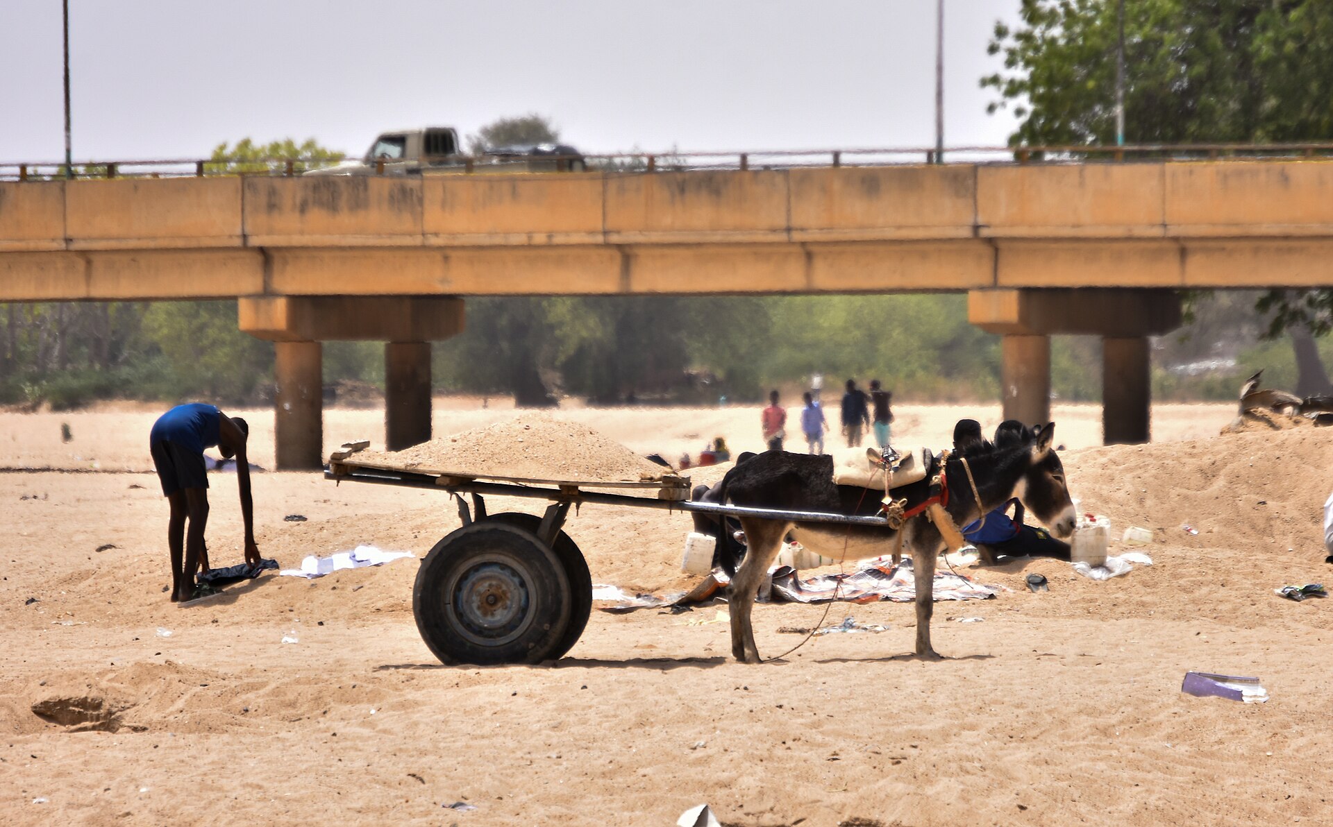 A donkey cart loaded with sand stands in the dry riverbed of the Nyala wadi beneath a road bridge