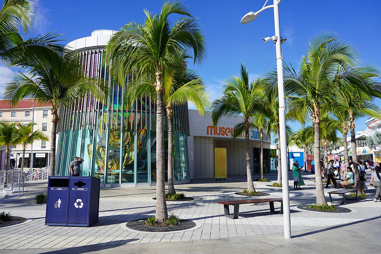 Palm-lined plaza beside the glass-fronted Bahamas Museum of Junkanoo in downtown Nassau
