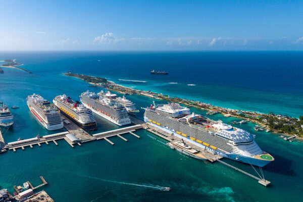 Bahamas neighbourhood: cruise ships docked at the Nassau cruise port seen from the air