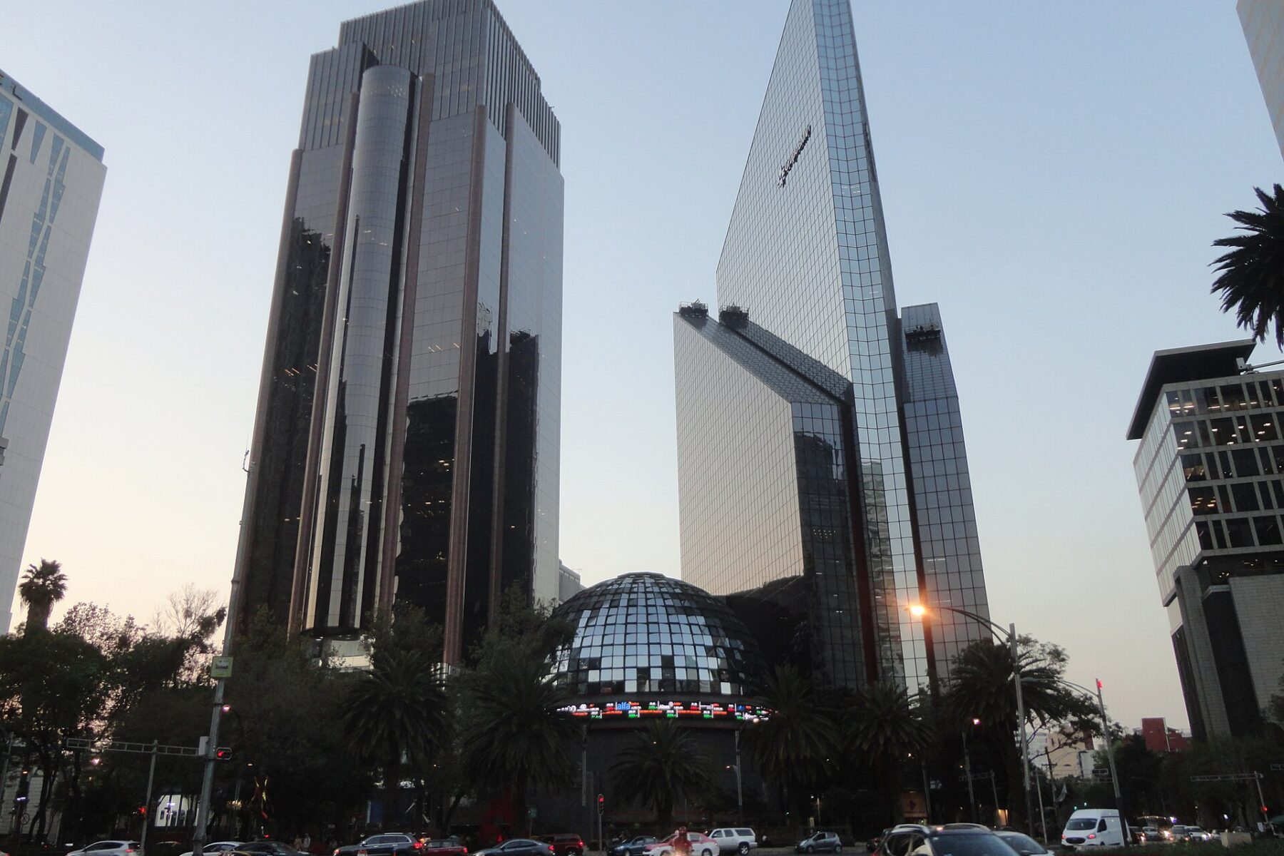Mexican Stock Exchange dome and office towers on Paseo de la Reforma in Mexico City