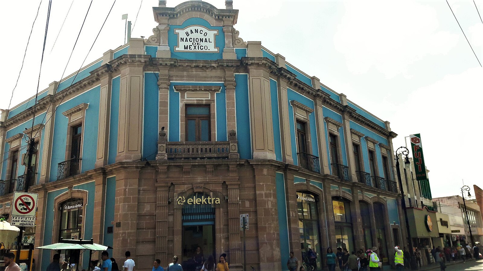 Historic Banco Nacional de México building from 1906 on a street corner in Aguascalientes, Mexico