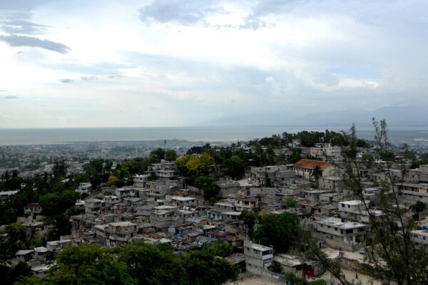 Hillside homes in Port-au-Prince with the Caribbean bay beyond, seen from the UN mission headquarters in 2008