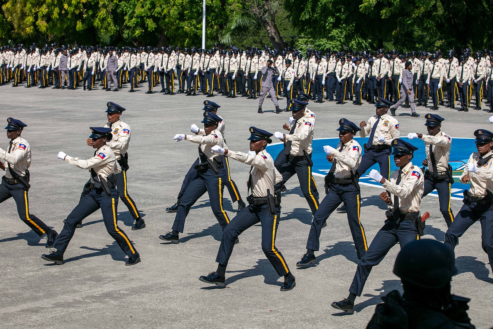 Haitian National Police graduates marching in formation on parade day